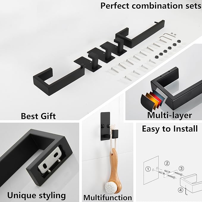 TocTen 4 Pcs Bathroom Hardware Set, Thicken Stainless Steel Hand Towel Bar Set-Includes 9 in Bath Towel Holder+Toilet Paper Holder+2 Robe Towel Hooks, Wall Mounted Bathroom Accessories Kit(Black)