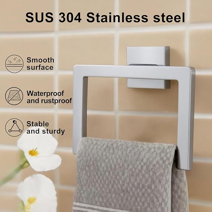 Silver Towel Ring - Premium Stainless Steel Bathroom Accessory, Sleek Square Design Hand Towel Holder, Durable Wall-Mounted Towel Hanger for Contemporary Bathroom, 2 Pcs