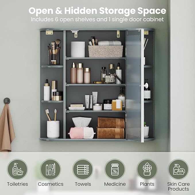 COSTWAY Medicine Cabinet with Mirror, Wall Mounted Bathroom Storage Cabinet with Mirror Door and Adjustable Shelves, Space-Saving Storage Organizer for Living Room Kitchen Entryway (Gray)
