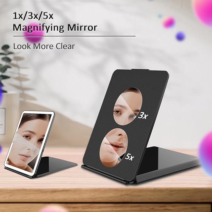 LED Light Travel Makeup Mirror, 3X 5X Magnifying Vanity Mirror USB Charge Foldable Standing Mirror Touch Screen 3 Colors Brightness Adjustable Portable Cosmetic Mirror for Travel Makeup