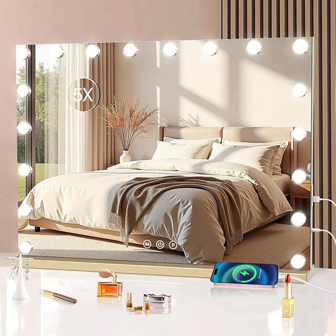 halumao Vanity Mirror with Lights, 31.5" x 23.6" Large Makeup Mirror with LED Lights, Smart Touch Dimmable 3-Color Light, Memory Function, USB Charging Port Gold