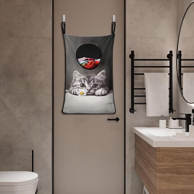 ZOUTAIRONG Hanging Laundry Hamper Zipper Storage Bag Space Saving Laundry Bag Hanging Clothes Hamper Laundry Baskets for Bathroom, Cute Daisy Cat Print