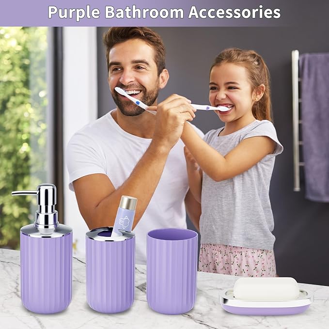 XLHOMO 9PCS Purple Bathroom Accessories Set Complete with Trash Can, Vanity Tray, Soap Dispenser, Soap Dish, Toothbrush Holder, Toothbrush Cup, Toilet Brush and Qtip Holders