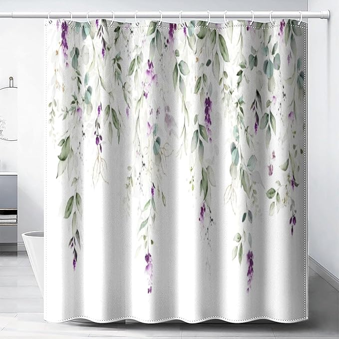 Purple Floral Shower Curtain Watercolor Flowers Modern Minimalist Wildflower Bathroom Decor Fabric Curtains with Hooks 72x78 Inches(183x200cm), Style-10