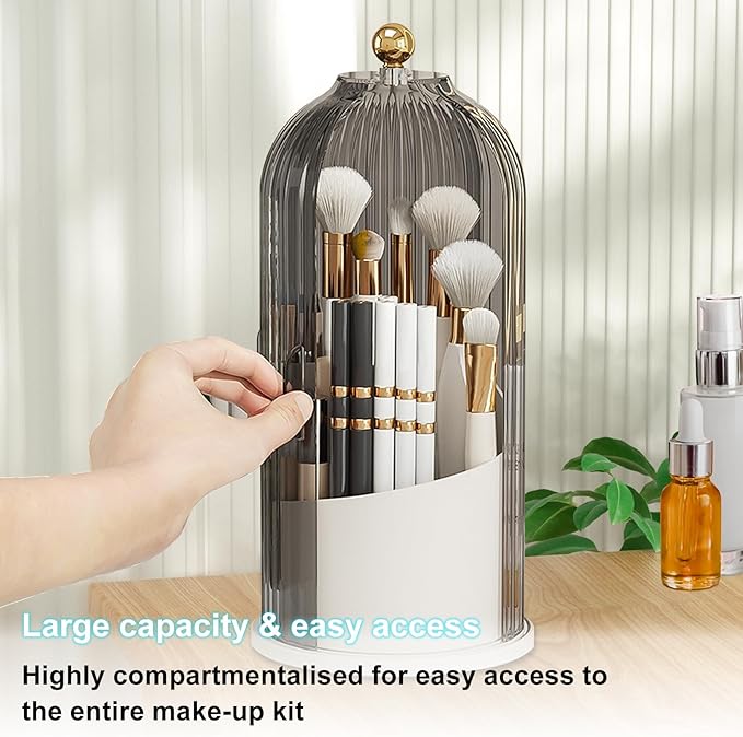 Qivine Makeup Brush Organizer, Cosmetics Make Up Brush Holder Organizer with Acrylic Lid, 360° Rotating Makeup Organizer for Vanity Countertop, Bathroom Make Up Organizers for Counter