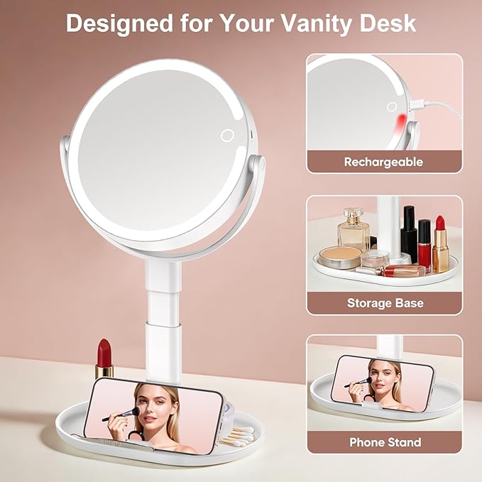 Lighted Makeup Mirror with 10X Magnification, Rechargeable LED Magnifying Vanity Mirror with 3 Lights, Adjustable Height, Storage Base and Phone Holder, White, 7 inch