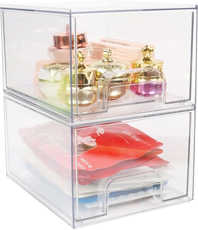 Stackable Clear Bin Plastic Organizer Drawers,Acrylic Bathroom Makeup Organizer Storage Drawers Bin,2 Pack