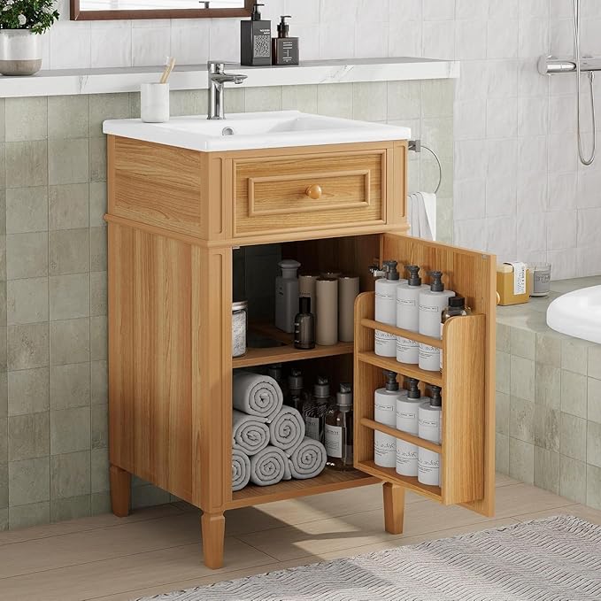 Virubi 20 in Small Bathroom Vanity with Sink,Soft Closing Door,Tilt-Out Drawer and Adjustable Shelf,Solid Wood Frame Modern Single Bathroom Sink Cabinet,Freestanding Natural Wood