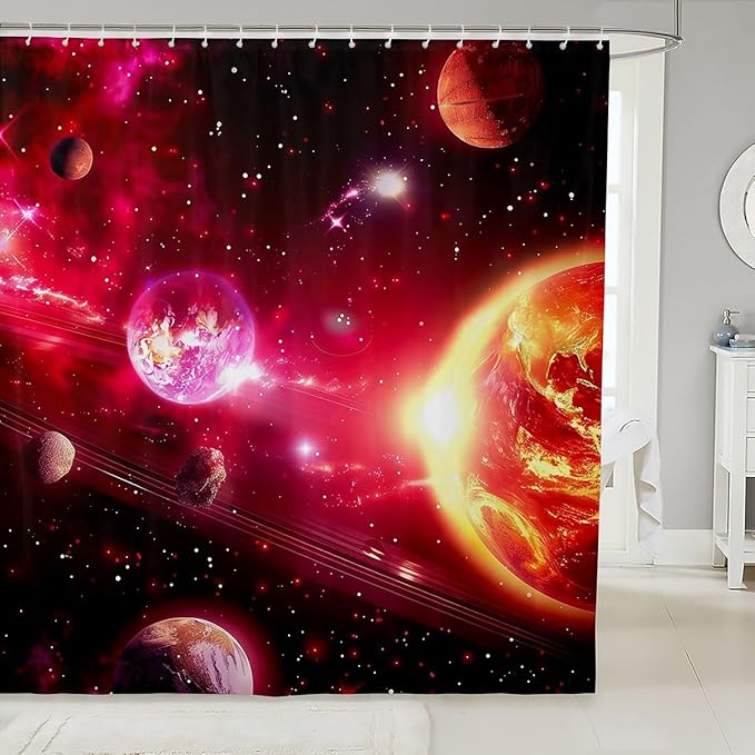Feelyou Solar System Shower Curtain Kids Universe Planets Bathroom Shower Curtain Set for Bathtubs Pink Outer Space Galaxy Bath Curtain Chic Starry Sky Fabric Bath Curtain Bathroom Decor 72"x84"