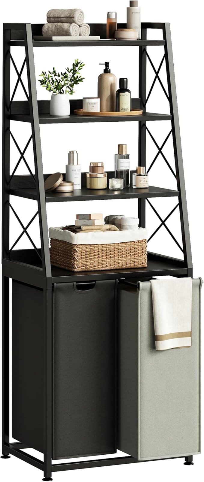 Herture Laundry Basket, 2 Section Laundry Hamper with 4 Tiers Shelf, Pull-Out and Removable Laundry Bags, Large 2 x 15.87 Gallons, for Bedroom Bathroom Black PF11XLK