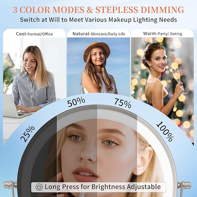 FUNTOUCH 5000mAh Rechargeable Wall Mounted Makeup Mirror with Lights, 9" Double Sided 1X/30X Magnifying Mirror with Dimmable 3 Color Light, Extended Swing Arm 360° Wall Mount Bathroom Mirror,Nickel