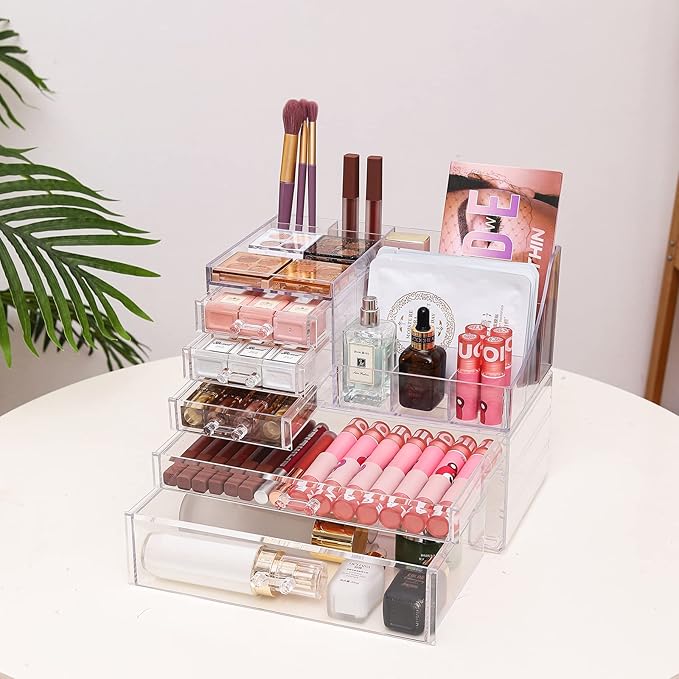 Cq acrylic 2 Pack Clear Make Up Organizers for Vanity,Stackable 5 Drawers Make Up Organizer,Cute Desk Organizer for Vanity Jewelry,Hair Clip,Beauty,Skincare Product Dresser Acrylic Drawer Organizer