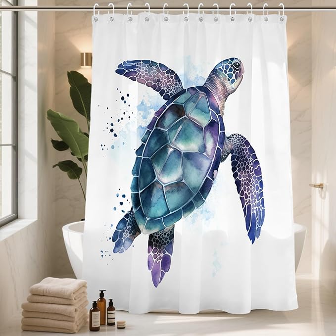 Funny Sea Turtle Ocean Animal Cartoon Bathroom Sets with Shower Curtain and 20 x 31 Rugs Bathroom Accessories Sets Decor with Bath Rug, Bath Mat, U-Shaped Contour and Hooks 72 x 72 Inch Teal Purple
