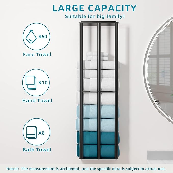 Susswiff Towel Racks for Bathroom 31 Inch - Wall Mounted, Solid 2 Metal Shelves and 3 Vertical Bars, Can Holds 6 Large Rolled Bath Towels - for Modern Decor Bathroom Towel Storage (Matte Black)