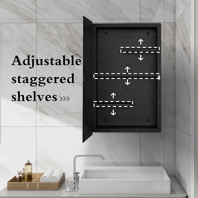 Fundin Black Medicine Cabinet Recessed or Surface Mount, Bathroom Medicine Cabinet with 16 x 26 Beveled Mirror and Adjustable Staggered Shelves