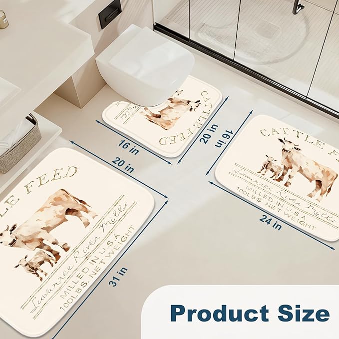Farmhouse Abstract Animal Cattle Feed Cow Rustic Bathroom Rugs and Mats Sets 3 Piece, Memory Foam Bath Mat, U-Shaped Contour Shower Mat Non Slip Absorbent, Velvet Washable 20 x 31 inch