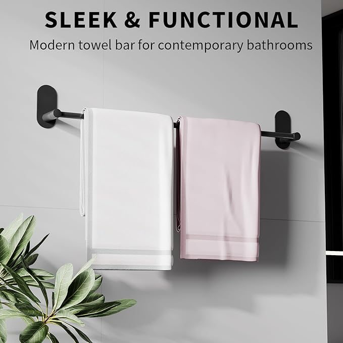 Self Adhesive Towel Bar for Bathroom 24ich Stainless Steel and Zinc Alloy No Drill Towel Rack Heavy Duty Hanger Stick On Hand Towel Holder for Kitchen, Cabinet, Door, Shower, Matte Black