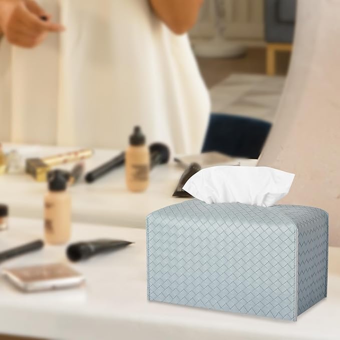 Tissue Box Cover PU Leather Tissue Holder Square Facial Tissue Case Facial Paper Organizer Dispenser for Bathroom, Vanity Countertop, Tabletop, Car, Rectangle, PowderBlue