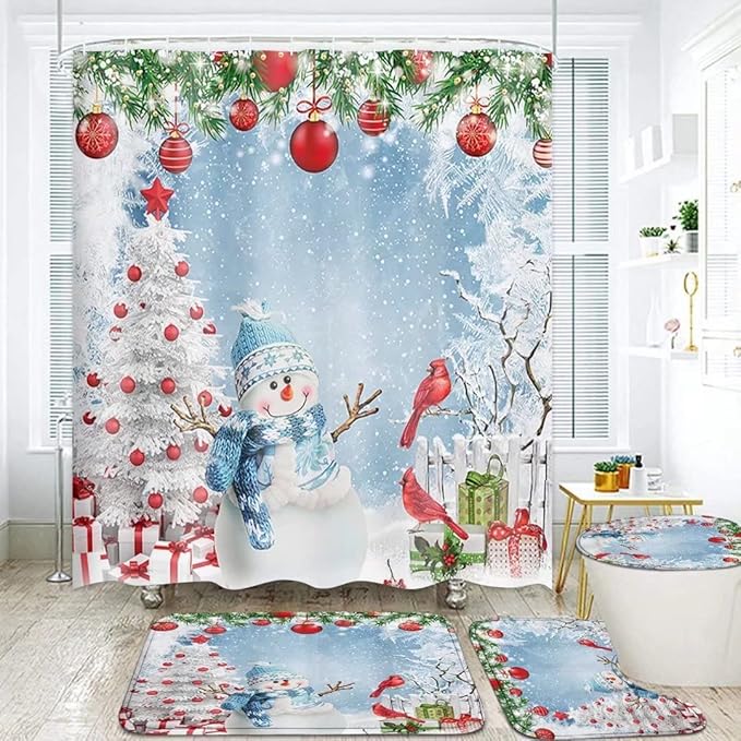 NBVKO Christmas Snowman Waterproof Set Shower Curtain,with Non-Slip Rugs,Toilet Lid Cover and Bath Mat,Bathroom Decor Accessory Set