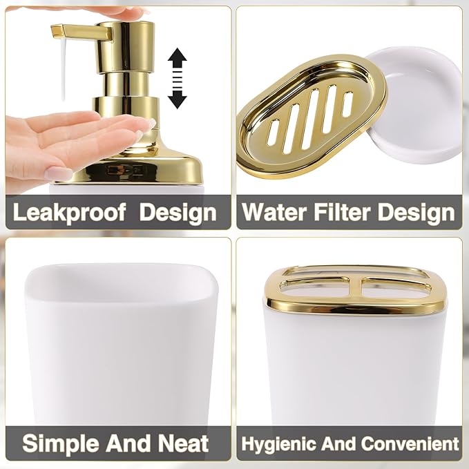 XLHOMO White Bathroom Accessories Set 8 Piece White and Gold Bathroom Set, Bathroom Sets with Stainless Steel Trash Can,Toilet Brush,Toothbrush Set,Soap Dispenser