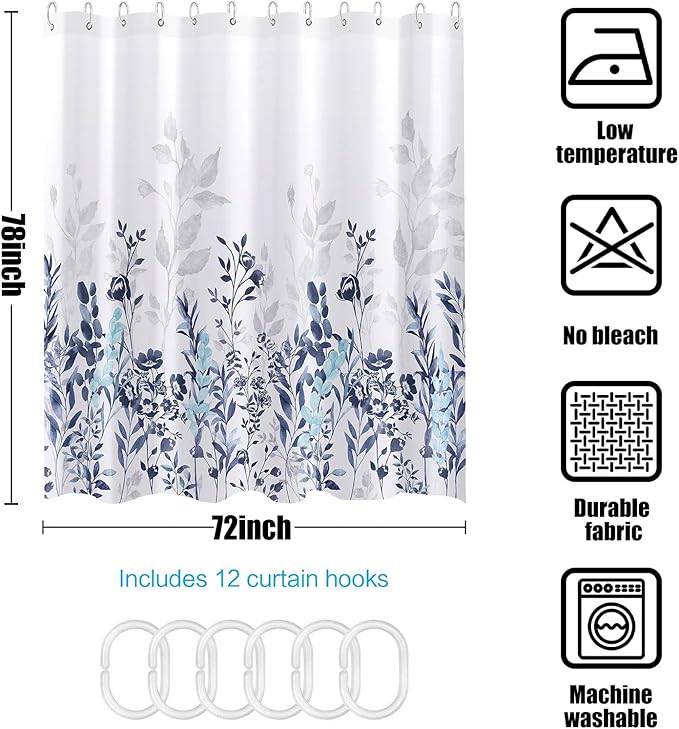 Neasow Blue and Grey Shower Curtain, Watercolor Floral Bathroom Curtain Teal and White Shower Curtains 72×78 inches