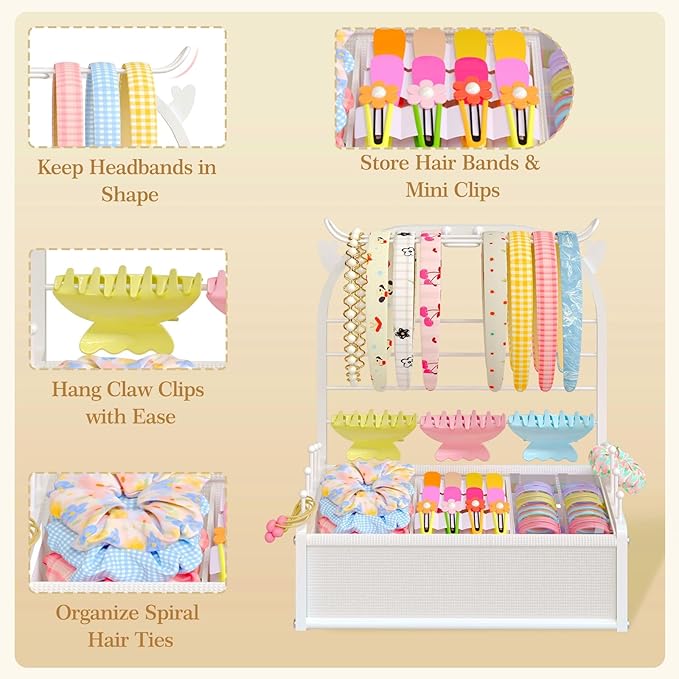 Hair Accessories Organizer for Girls, Headband Holder Stand with Storage Base, Deer Antler Display for Headbands, Scrunchies, Bows & Clips, Cute Vanity Organizer, White