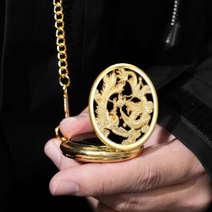 ManChDa Scrying Mirror Black Obsidian Mirror Lucky Dragon & Phoenix Pocket Watch Shell Witchcraft Kit Wiccan Supplies and Tools Witchy Gifts, Gold