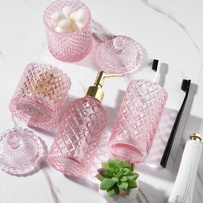 RYTOXILO Pink Bathroom Accessories Set, 4 Pack Pink Bathroom Decor Accessory Sets Complete, Diamond Glass Soap Dispenser and Toothbrush Holder Set for Bath Counter Organizer Essentials