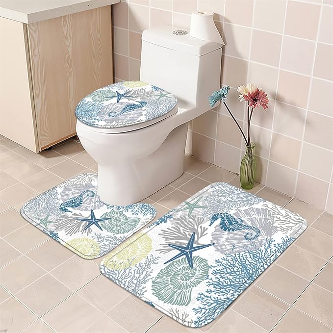 Nkzply 4 Pcs Beach Shower Curtain Set Blue Ocean Bathroom Sets with Shower Curtain and Rugs Seahorse Shower Curtains Set Seashell Starfish Bathroom Decor Accessories Coral Bathroom Rugs Set