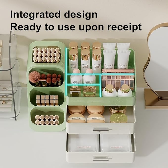 Makeup Organizer for Vanity, Large Capacity Cosmetic Display Case with Drawers, Countertop Beauty Storage Holder for Skincare, Brush Eyeliner Eyeshadow Lipsticks, Counter Desk, Cream Green