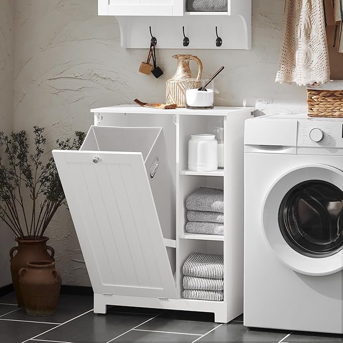 SoBuy Tilt Out Laundry Cabinet, Floor Standing Storage Cupboard with Basket Hamper Unit with Open Compartments, Bathroom White BZR105-W