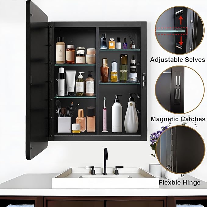 Black Medicine Cabinet 16x20 inch, Bathroom Mirror with Storage, Recessed or Wall Mounted Farmhouse Cabinets, Metal Framed, Adjustable Shelves, One Door Open Left or Right