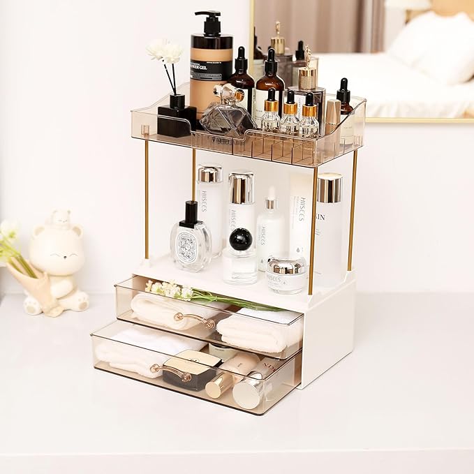 Elegant 2-Tier 2-Drawer Bathroom Countertop Organizer, Multi-Purpose Makeup & Skincare Organizer, Champagne Gold