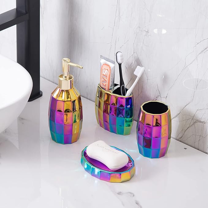 Rainbow Bathroom Accessory Set, Colorful/Gold Mosaic Ceramic Bathroom Accessories Sets Includes Lotion Dispenser, Toothbrush Holder Tumbler, and Soap Dish
