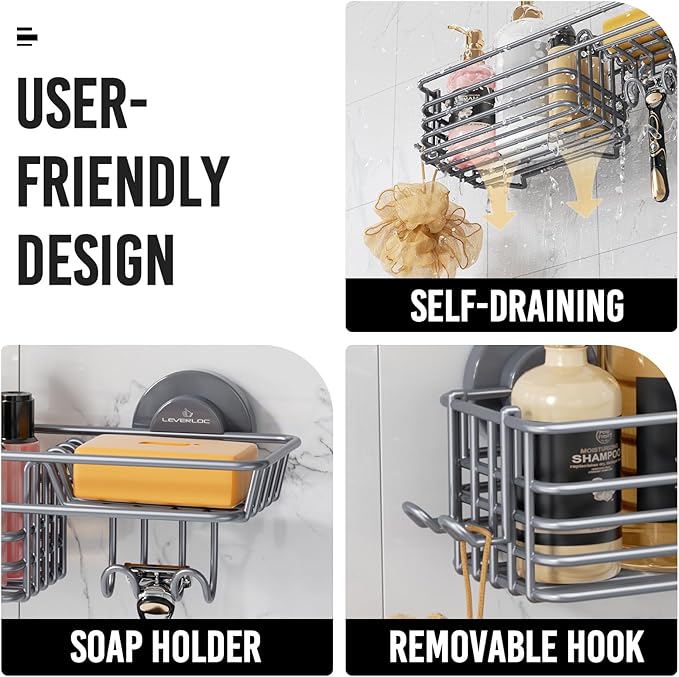 LEVERLOC Shower Caddy Suction Cup, 2 Pack Shelves for Inside with Hooks and Soap Organizer, NO-Drilling Bathroom Shelves, Rustproof Meatl Bathroom Holder, Grey