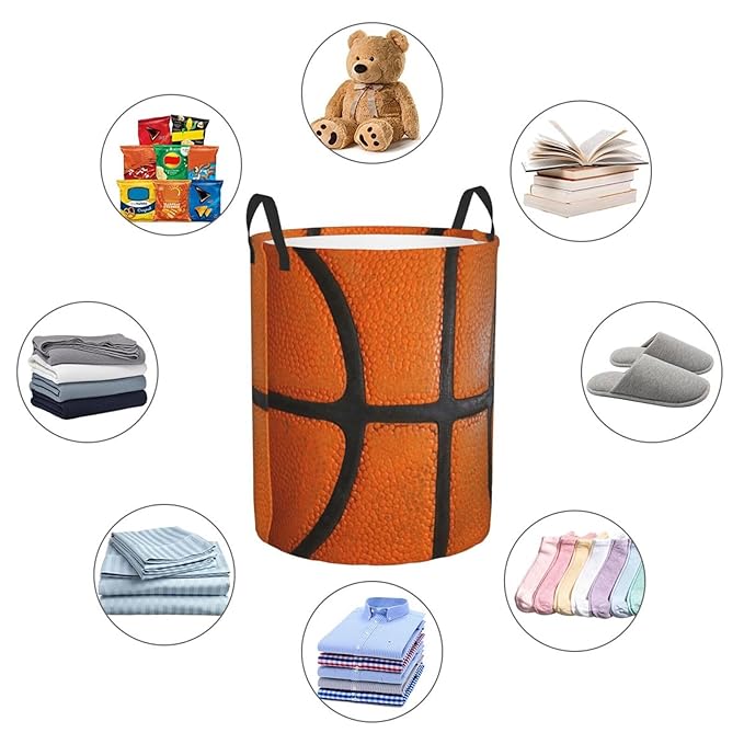 Basketball Ball Texture Round Laundry Hamper Storage Basket Toys Clothes Organizer Bin For Home Bathroom Bedroom Dorm Nursery, 38l