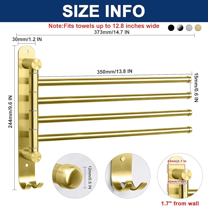 NearMoon Swivel Towel Rack, 13.8" Thicken 304 Stainless Steel 4-Arm Towel Bar, Space Saving Wall Mounted Towel Holder with Hook, Rustproof Swing Out Towel Hanger for Bathroom, Kitchen (Brushed Gold)