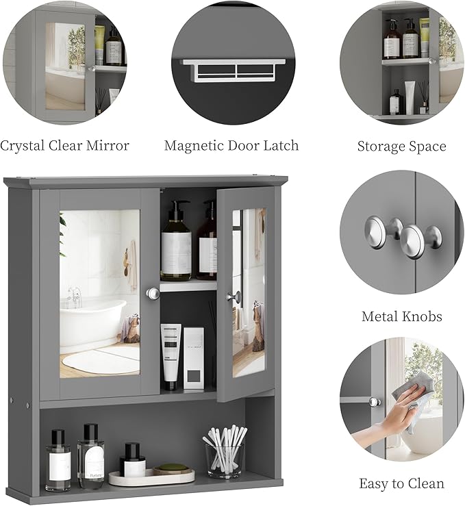 Shintenchi Bathroom Cabinet with Mirror, Wood Medicine Cabinet with Adjustable Shelf, Wall Mount Cabinet Storage, Cupboard, Gray