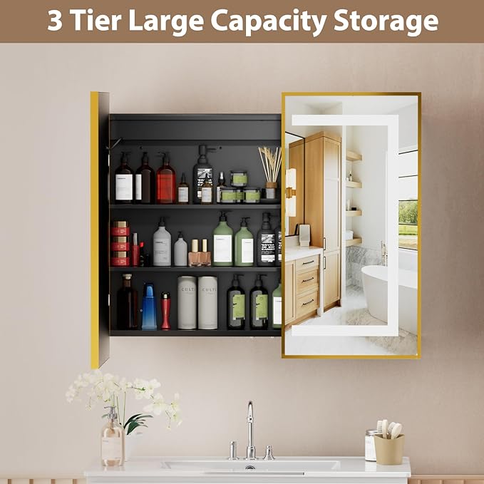 LOVMOR Led Medicine Cabinet with Mirror, Bathroom Vanity Mirror Cabinet with Shelves, 3-Color Lights Dimmer, Gold 32" H x 40" W
