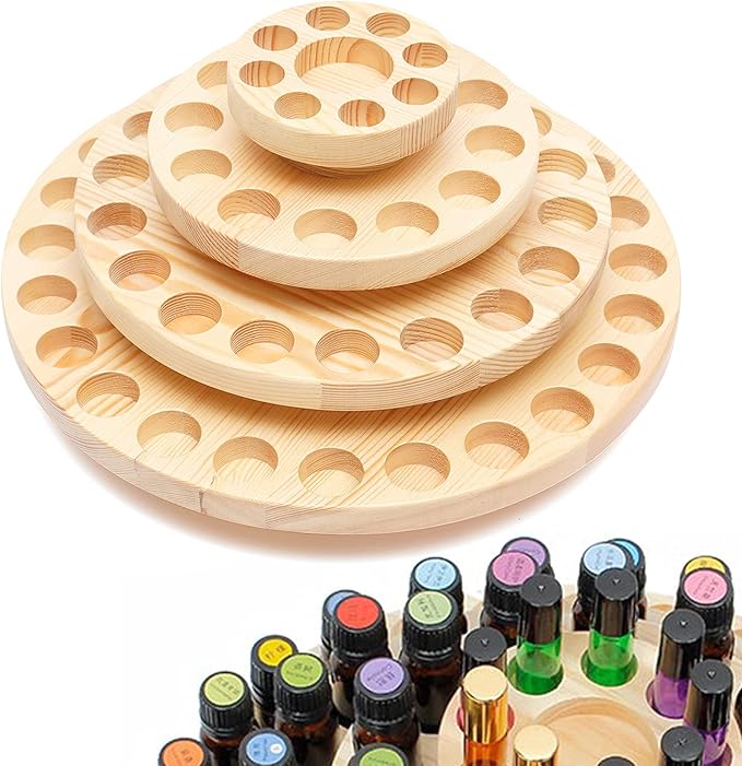 63 Slots Wooden Essential Oil Storage Rack, Rotating Cosmetics Display Stand, 4 Tiers Wood Essential Oil Display Stand for 63 Bottles
