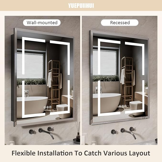 24X30 Inch Lighted Medicine Cabinet, Recessed Medicine Cabinet with Adjustable 3-Color, Brightness Dimming, Defogger, Wall Mounted