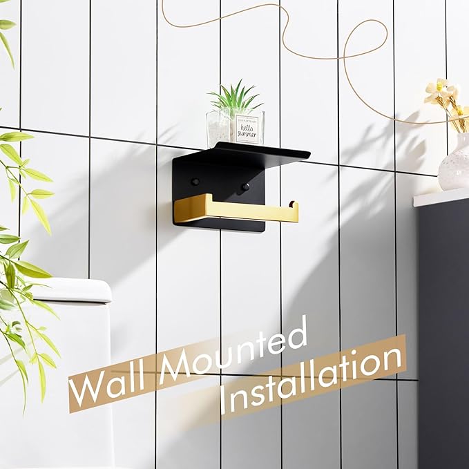 KOKOSIRI Toilet Paper Holders with Shelf Bathroom Toilet Paper Roll Holder Wall Mounted T-304 Stainless Steel, Matte Black and Gold B2010GDK