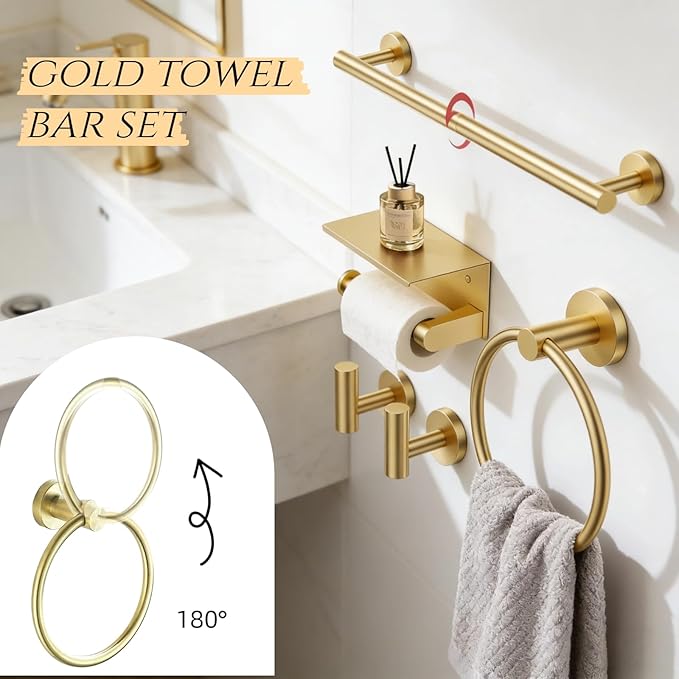 5Pcs Brushed Gold Bathroom Hardware Accessories, 24 Inch Bath Towel Bar Set, Toilet Paper Holder with Shelf, Stainless Steel Wall Mounted Towel Rack Set, Center Section Removable