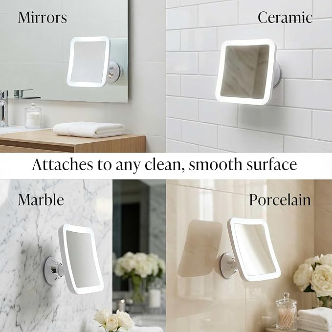 Fancii 10X Magnifying Lighted Makeup Mirror - Daylight LED Vanity Mirror - Compact, Cordless, Locking Suction, 6.5" Wide, 360 Rotation, Portable Illuminated Bathroom Mirror (Square)