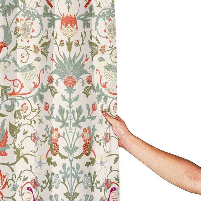 Bohemia William Morris Art Fabric Shower Curtain,Abstract Retro Mid Century Boho Floral Bird Hotel Quality,Machine Washable,72L x66W for Bathroom.