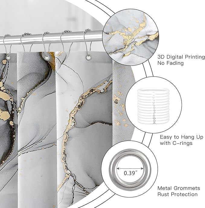 4PCS Grey Marble Bathroom Sets with Shower Curtain and Rugs, Abstract Shower Curtain Sets with Rugs, Gold Bathroom Curtains Shower Set with Toilet Lid Cover Accessories