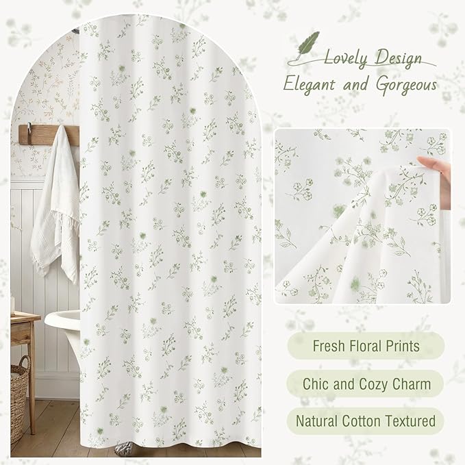 Sage Green Floral Farmhouse Vintage Cotton Shower Curtain, French Country Shower Curtains for Bathroom, 72Wx72H