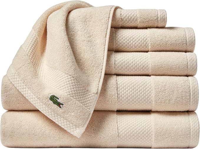 Lacoste Heritage Anti-Microbial Supima Cotton 6-Piece Towel Set, 2 Bath Towels, 2 Hand Towels, 2 Washcloths, Chalk – Highly Absorbent & Quick Drying, Bathroom Essential, Machine Washable