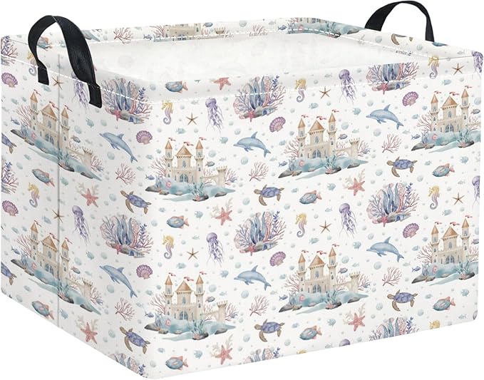 Rectangular Kids Storage Basket Boys for Home Kitchen Girls Cute Storage Bin Organizer Shelf Book Room Decor(Sea Castle)