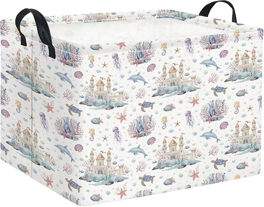 Rectangular Kids Storage Basket Boys for Home Kitchen Girls Cute Storage Bin Organizer Shelf Book Room Decor(Sea Castle)